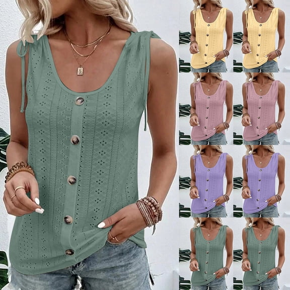 ZyeKqe Women Eyelet Tank Tops Plus Size Sleeveless Scoop Neck Button Front Lace up Shoulder Summer Shirt
