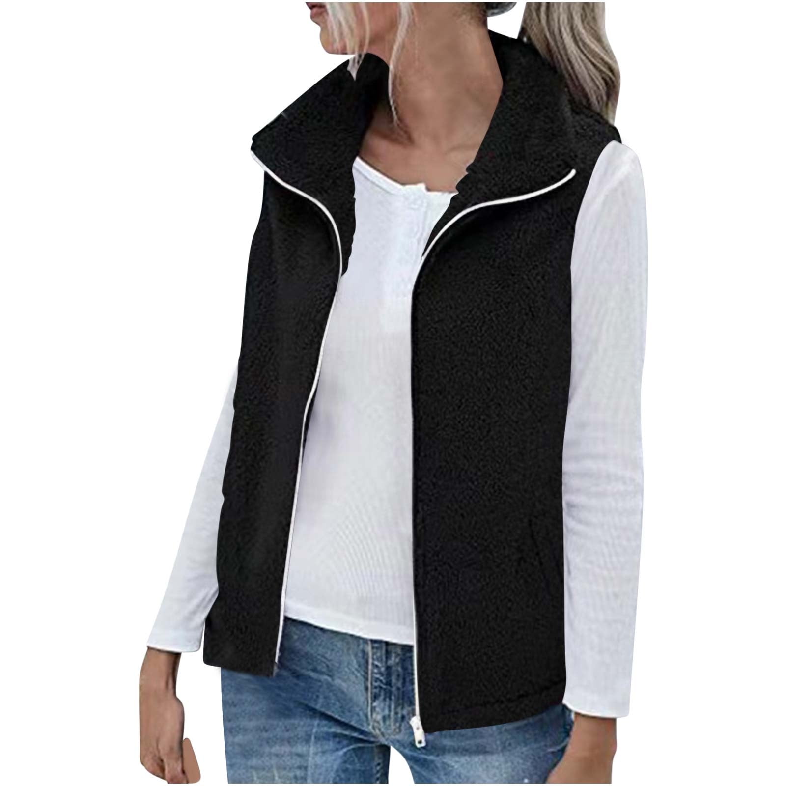 ZyeKqe Women Fuzzy Fleece Vest Sleeveless Zip up Sherpa Lined Jackets ...