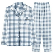 ZyeKqe Women Pajama Suits Long Sleeve Button down Lapel Shirts with Comfy Pants Sleepwear Plaid 2 Piece Sets