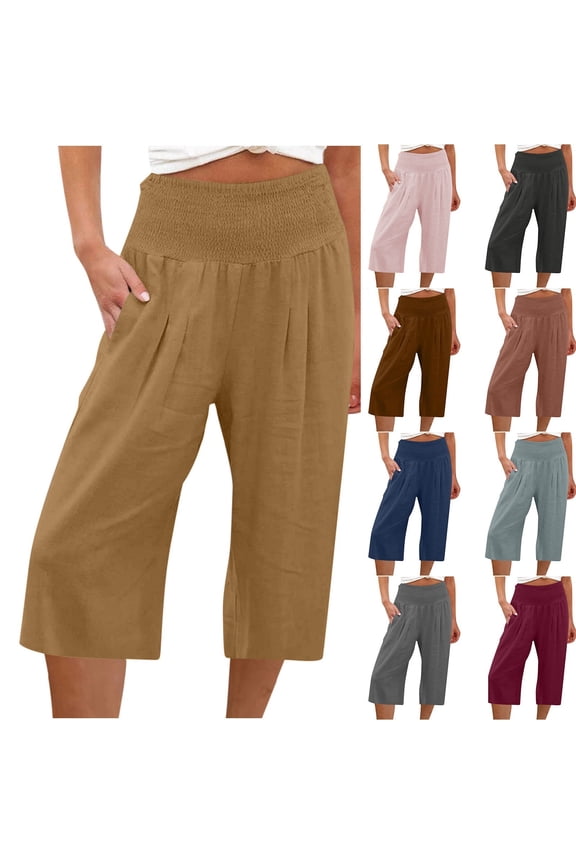 Women Plus Size Capri Pants Cotton Linen Summer Lightweight Smocked High Waisted Knee Length Pants