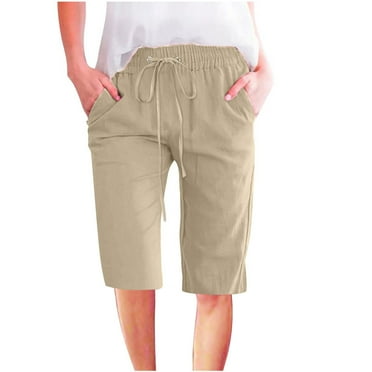 ZyeKqe Women Plus Size Cotton Linen Capri Pants High Waist Drawstring Lounge Pants with Pockets