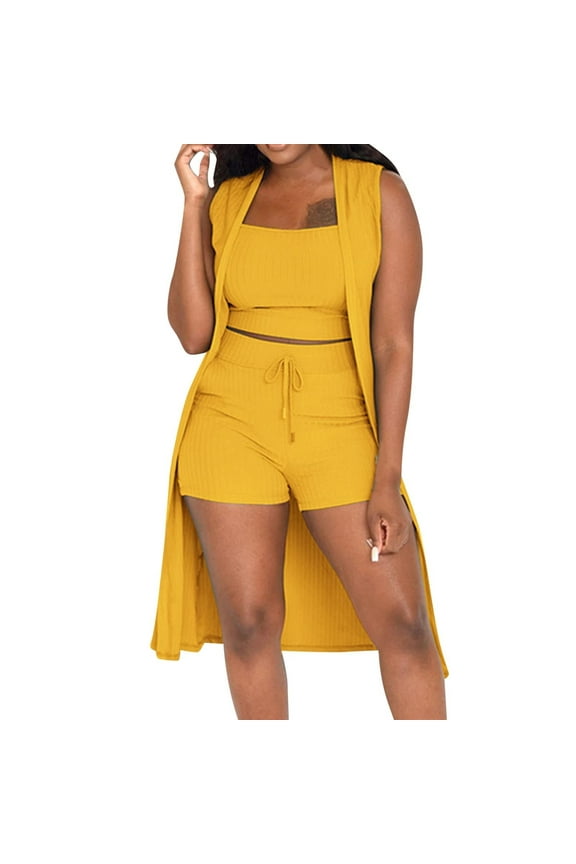 Women Ribbed Knit 3 Piece Sets Vest Cardigan Tank Crop Tights Shorts Pajama Set Matching Sets Tracksuit