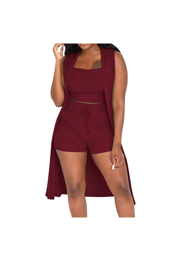 Women Ribbed Knit 3 Piece Sets Vest Cardigan Tank Crop Tights Shorts Pajama Set Matching Sets Tracksuit