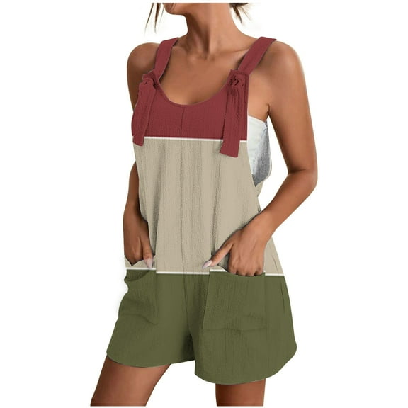 ZyeKqe Women Rompers Summer Casual Sleeveless Short Jumpsuits Trendy Color Block Overalls with Pockets