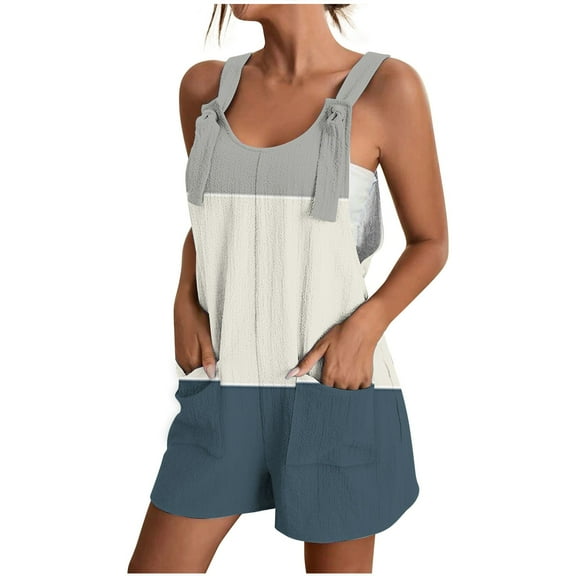 ZyeKqe Women Rompers Summer Casual Sleeveless Short Jumpsuits Trendy Color Block Overalls with Pockets