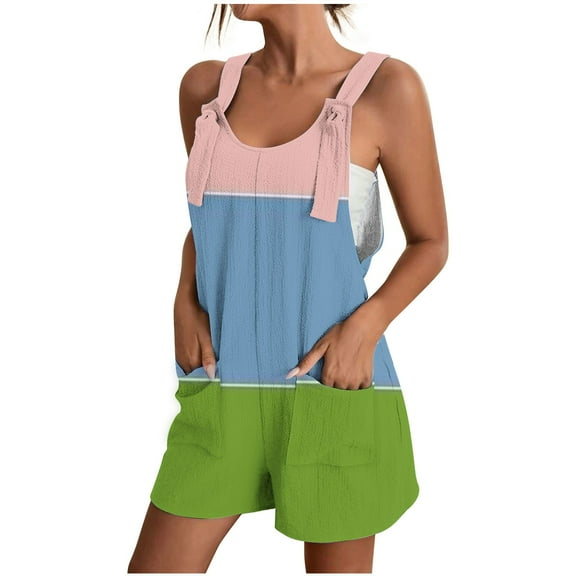 ZyeKqe Women Rompers Summer Casual Sleeveless Short Jumpsuits Trendy Color Block Overalls with Pockets
