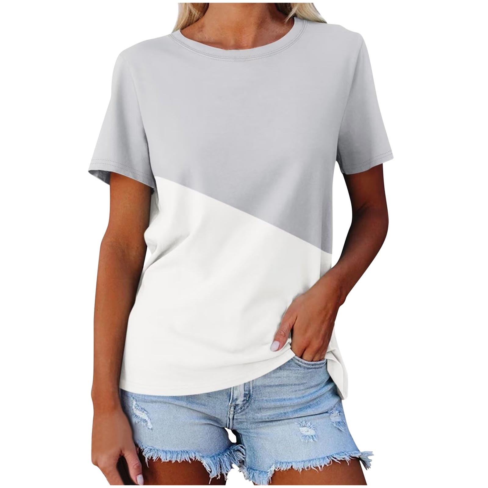 ZyeKqe Women Short Sleeve Shirts Color Block Summer Tops Round Neck ...