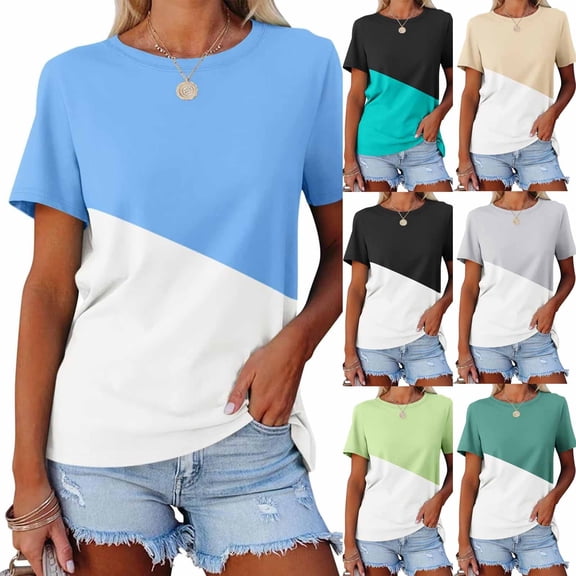 ZyeKqe Women Short Sleeve Shirts Color Block Summer Tops Round Neck Casual Loose T Shirts Tees