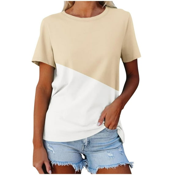 ZyeKqe Women Short Sleeve Shirts Color Block Summer Tops Round Neck Casual Loose T Shirts Tees
