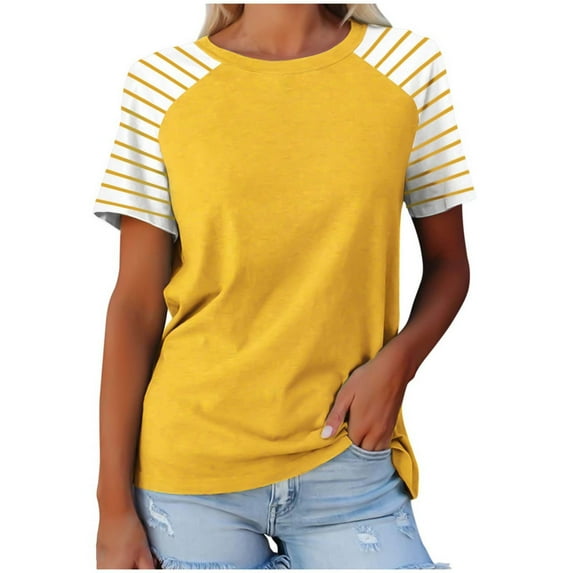 ZyeKqe Women Short Sleeve Shirts Crewneck T Shirts Color Block Loose Blouses Summer Basic Top