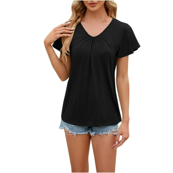 ZyeKqe Women Short Sleeve Shirts Ruffle Short Sleeve Tops Casual V Neck T Shirts Basic Pleated Top