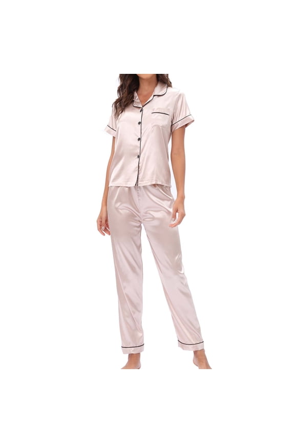 Women Silk Satin Pajamas Sets Short Sleeve Sleepwear Button down Nightwear Long Pants Two Piece Loungewear