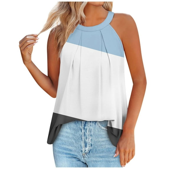 ZyeKqe Women Sleeveless Tops Casual Summer Tops High Neck Top Trendy Tunic Flowy Camisole Pleated Vest