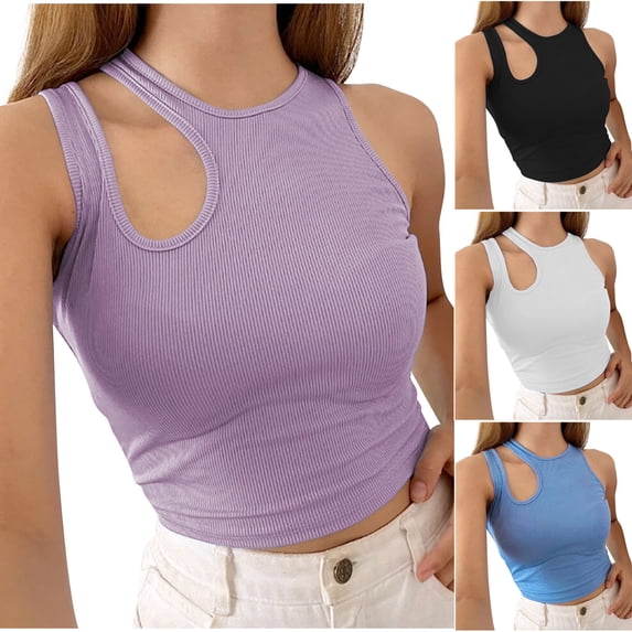 ZyeKqe Women Summer 1 Shoulder Tank Tops Sleeveless Cut out Shirts Ribbed Knit Slim Basic Casual T Shirts