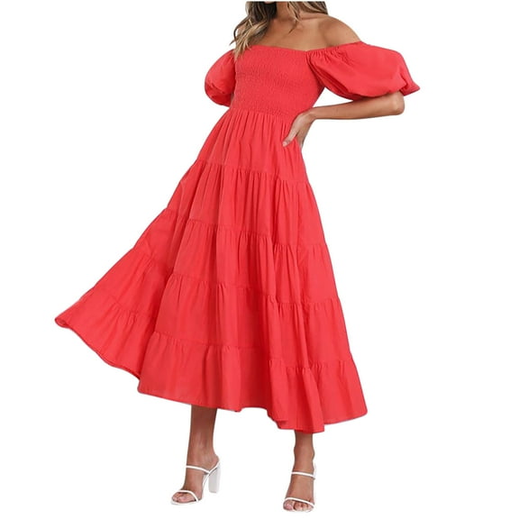 ZyeKqe Women Summer Boho Maxi Dress Casual Puff Short Sleeve Long Dress Smoked A- Line Flowy Beach Dress