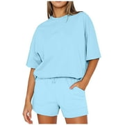 ZyeKqe Women Sweat Suit 2 Piece Matching Sets Crewneck Short Sleeve Oversized Sweatshirts with Shorts