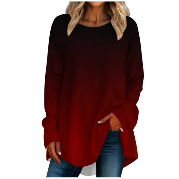 ZyeKqe Women Tunic or Tops to Wear with Leggings Long Sleeve Shirts Dressy Casual Blouse Gradient Color Top