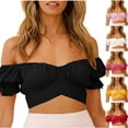 thumbnail image 1 of ZyeKqe Women off Shoulder Tops Puff Short Sleeve Shirts Pleated Going out Tops Stretchy Slim Tight T Shirts, 1 of 8