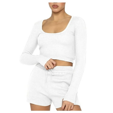 ZyeKqe Women's 2 Piece Outfit Loungewear Long Sleeve Square Neck Cropped Tops and Drawstring Waist Shorts