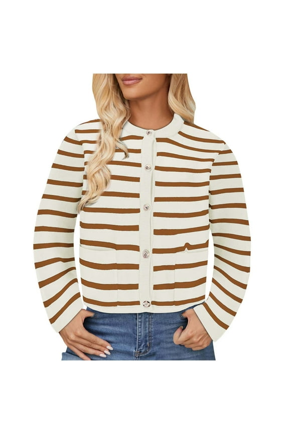 Women's Cardigan Open Front Long Sleeve Striped Sweater Top Button down Knitwear Fall Outwear
