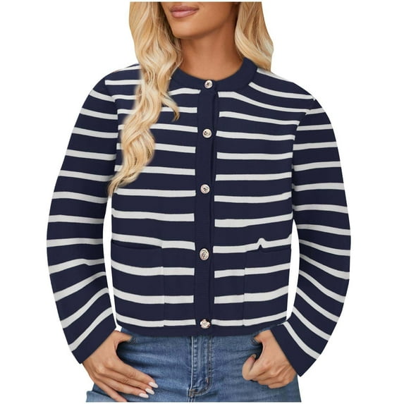 ZyeKqe Women's Cardigan Open Front Long Sleeve Striped Sweater Top Button down Knitwear Fall Outwear