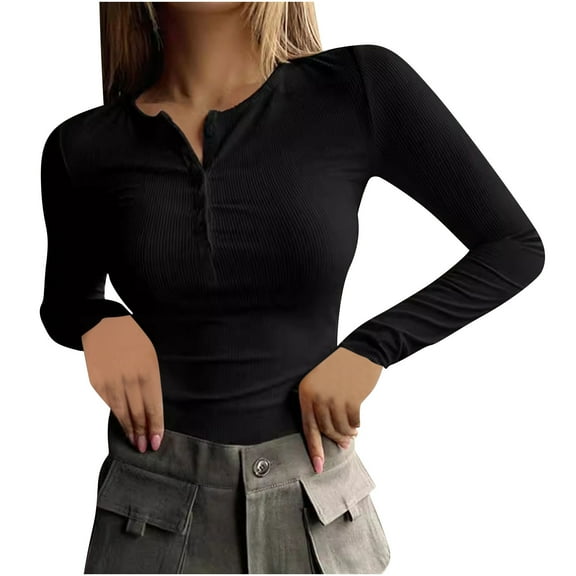ZyeKqe Women's Long Sleeve Shirts Crewneck Button up Going out Tops Slim Fitted Stretchy Ribbed Tees