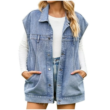 ZyeKqe Women's Oversized Denim Vest Sleeveless Lapel Button Mid Long Jean Jacket Coat with Pockets