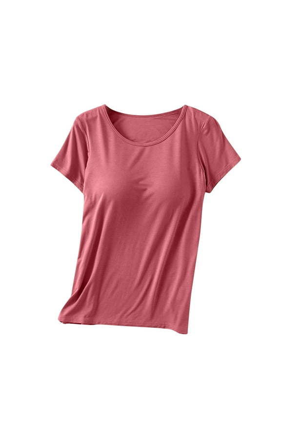 Women 's Padded Built-In Bra T-Shirt Short Sleeve Crew Neck Pajamas Tops Plus Size Yoga Workout Top