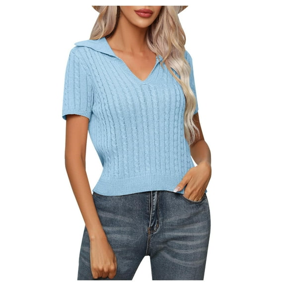 ZyeKqe Women's Short Sleeve T Shirts V Neck Ribbed Knit Going out Tops Slim Basic Tees Solid Color Top