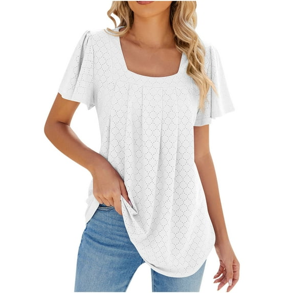 ZyeKqe Women's Short Sleeve Tops Square Neck Crochet Puff Sleeve T Shirts Dressy Casual Blouse Pleated Tunic