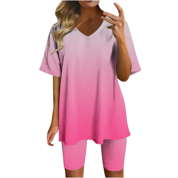 ZyeKqe Women's Summer 2 Piece Outfits Lounge Sets Short Sleeve V Neck Loose T Shirts Biker Shorts Tracksuit Set