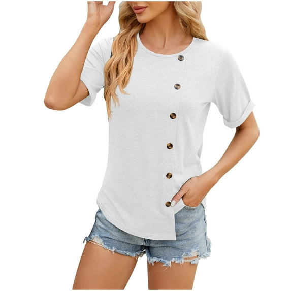 ZyeKqe Women's T-Shirts Short Sleeve Crew Neck Shirt Button Side Tunic Irregular Basic Tees Loose Summer Tops