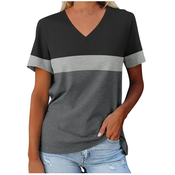 ZyeKqe Women 's T Shirts Short Sleeve Shirts Casual V Neck Summer Tops Color Block Loose Tees