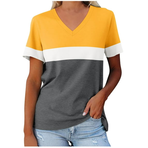 ZyeKqe Women 's T Shirts Short Sleeve Shirts Casual V Neck Summer Tops Color Block Loose Tees