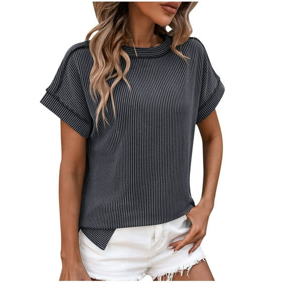 ZyeKqe Women's Tops Cap Sleeve T Shirts Casual Round Neck Shirts Side SplitSummer Top
