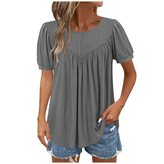 ZyeKqe Women's Tops Puff Short Sleeve Work Shirts Crewneck Dressy Casual Business Blouses Pleated Tunic Tops