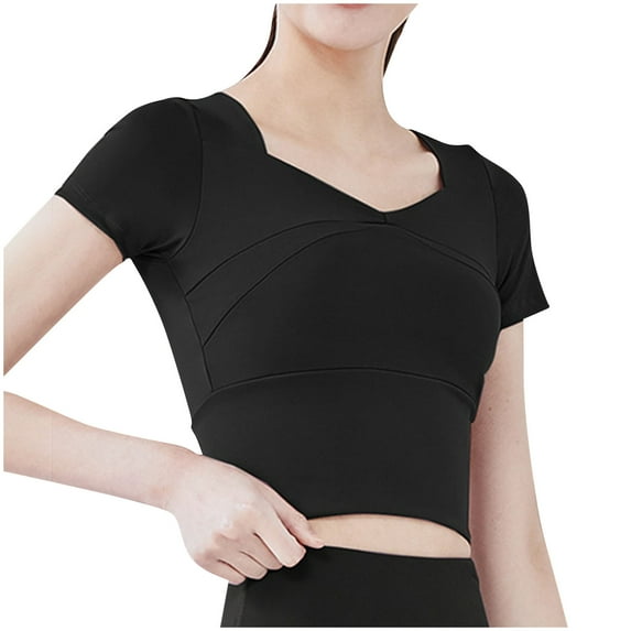 ZyeKqe Women's Workout Tops Built in Bra Yoga Top Short Sleeve Crewneck Crop Top Quick Dry Athletic Tees