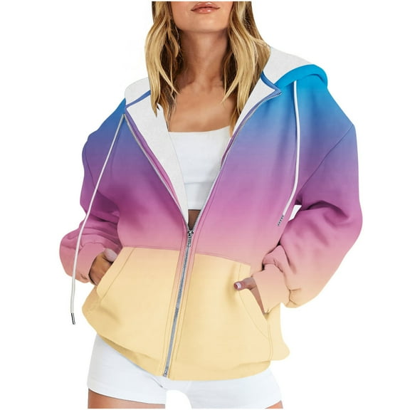 ZyeKqe Women's Zip up Hoodies Jackets Fall Winter Long Sleeve Sweatshirts Drawstring Hooded Top Gradient Color Sweatshirt