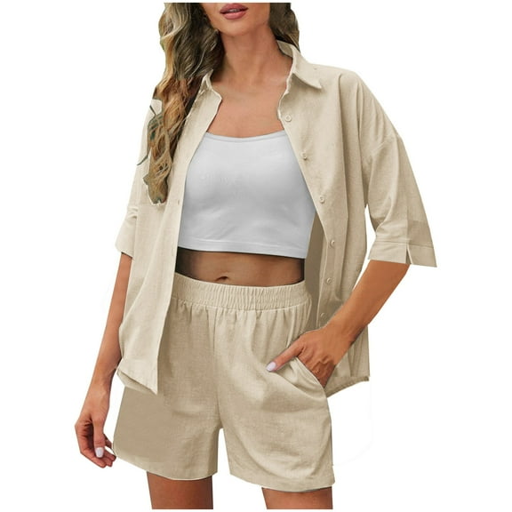ZyeKqe Womens 2 Piece Lounge Sets Button down 3/4 Sleeve Shirt and Shorts with Pockets Vacation Beach Outfits