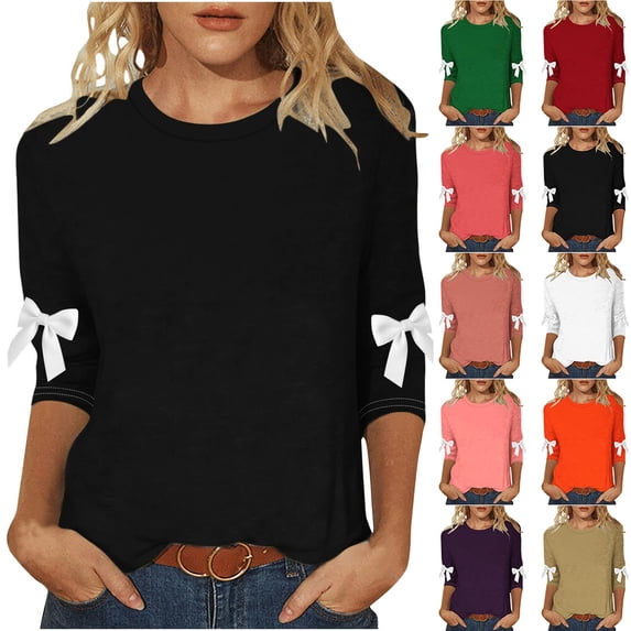 ZyeKqe Plus Size Tops for Women Long Sleeve Bowknot Crew Neck Casual Shirts Loose Casual Fashion Tunic Tees