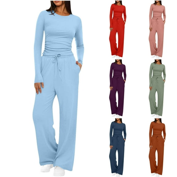 ZyeKqe Womens 2 Piece Sets Comfy Sweatsuit Long Sleeve Crop Top Wide Leg Pants Casual Lounge Outfits