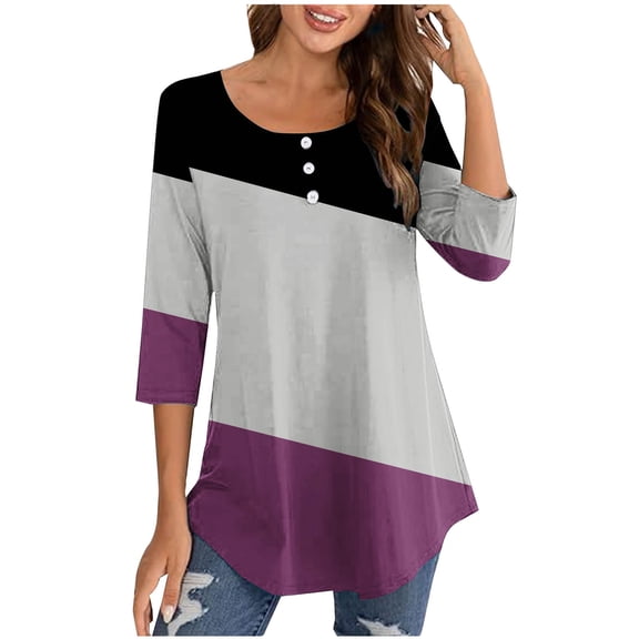 ZyeKqe Womens 3/4 Sleeve T-Shirts Casual Crew Neck Buttons Cute Tunics Loose Fitted Basic Tee Blouses