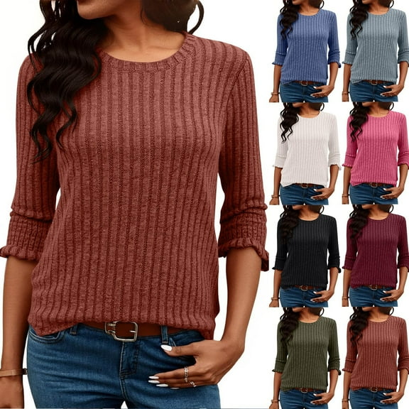 ZyeKqe Womens 3/4 Sleeve Tops Round Neck Ribbed Knit Dressy Top Slim Fitted Business Casual Blouses