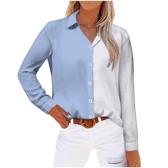 ZyeKqe Womens Button down Shirts Business Dressy Casual Tops Long Sleeve Shirts Colorblock Work Office Blouses