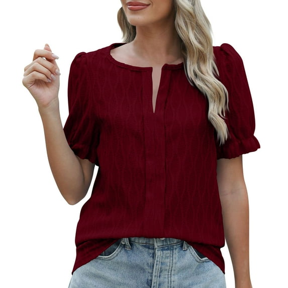 ZyeKqe Womens Button down T Shirts Dress Short Puff Sleeve Crew Neck Blouses Work Office Tunic Tops