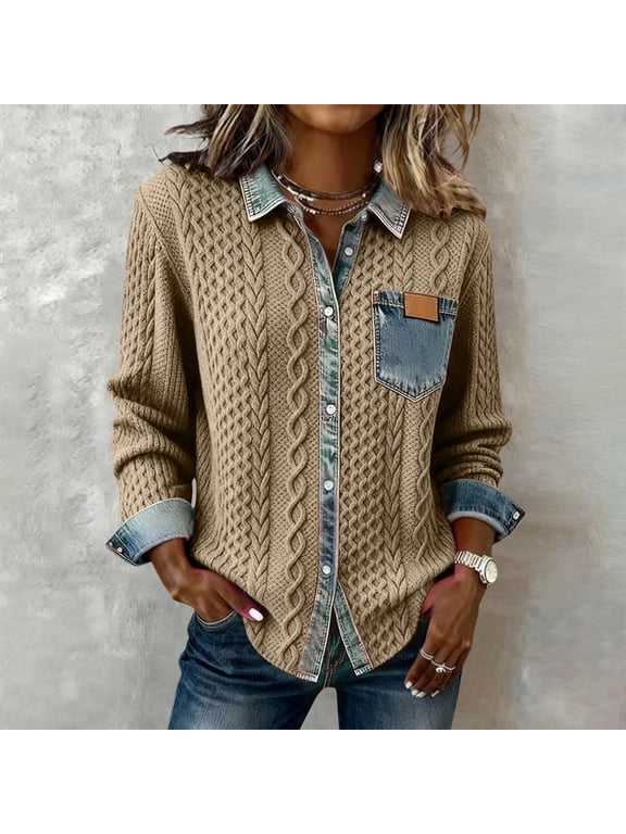 Womens Cable Knit Sweater Button down Denim Collared Long Sleeve Patchwork Jackets with Chest Pocket