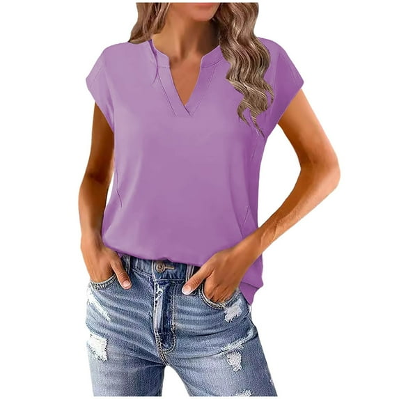 ZyeKqe Womens Cap Sleeve Shirts Casual V Neck Top Solid Color T Shirts Loose Fitting Tees Top Blouses