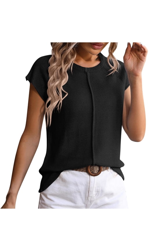 Womens Cap Sleeve Shirts Crewneck Knit Tops Solid Color T Shirts Casual Loose Blouse
