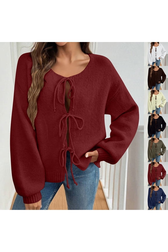 Womens Cardigans Long Sleeve Tie Front Crewneck Knit Dropped Shoulder Sweater Fall Winter Cropped Jacket