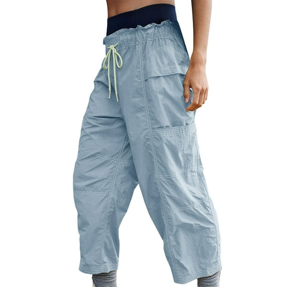 ZyeKqe Womens Cargo Pants Elastic Waist Drawstring Waterproof Lightweight Outdoor Hiking Workwear Cropped Pants with Pockets